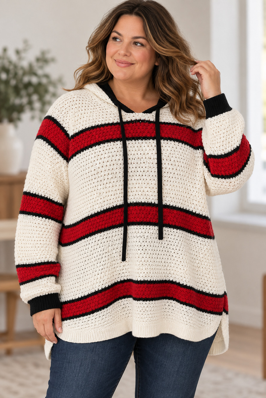 Vintage Caren Sport 1X Hooded Sweater Cream Red Black Striped Chunky Knit